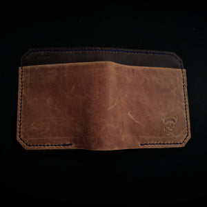 Stag & Bone Bifold wallet. Green tartan, blue stitching.