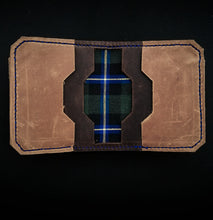 Load image into Gallery viewer, Stag &amp; Bone Bifold wallet. Green tartan, blue stitching.